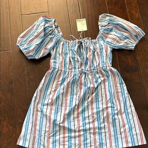 Ganni Smocked Mini Dress Blue and Pink Puff Sleeves